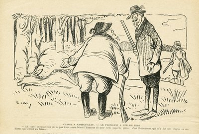 Illustration i Le Rire, 05/12/08 - Jakt i Rambouillet - Naturvegetation, Jaktjägare, republikens president, Rambouillet - Clemenceau Georges, Fallieres Armand (1841-1931), Rådjur av Lucien Metivet