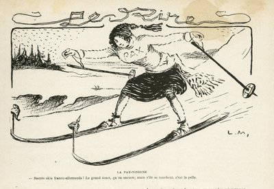 Illustration i Le Rire, 24/02/12 - La pax-tineuse - Tyskland Preussen, Sport, Fred, Skidor, Snö, Franska-tyska relationer, Första världskriget - Marianne - Sport, Allegorie (gravyr) av Lucien Metivet