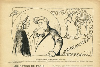 Illustration i Le Rire, 27/06/08 - ignorering av statschefen - republikens president, dinosaurie, paleontologi - Fallieres Armand (1841-1931), dinosaurie, Diplodocus (gravyr) av Lucien Metivet