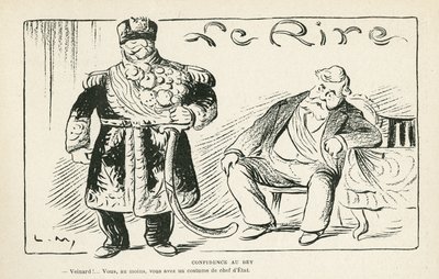 Illustration i Le Rire, 27/07/12 - Confidence au bey - Kolonisering - Fallieres Armand (1813-1941), Naceur Bey (Mohamed el-Naceur Bey) (1855-1922) (gravyr) av Lucien Metivet