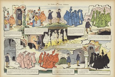 Besök på det gamla slottet. Illustration för Le Rire av Lucien Metivet