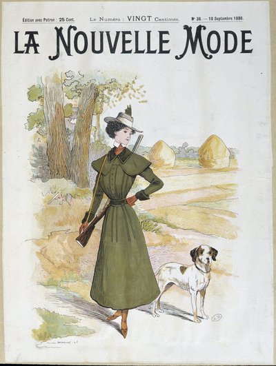 Kvinna i jaktdräkt med ett gevär - i "" La Nouvelle Mode"" från september 1898 av Lucien Metivet