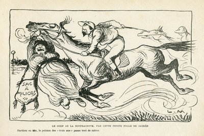 illustration i Le Rire, 28/06/13 Suffragettens slag, av denna lilla galning från Jaures (gravyr) av Lucien Metivet