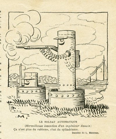 illustration i Le Rire, 30/08/13 - den automatiska soldaten (gravyr) av Lucien Metivet
