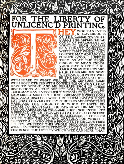 Eragny Press: Öppningssidan för Areopagitica, c.1895-1914. av Lucien Pissaro