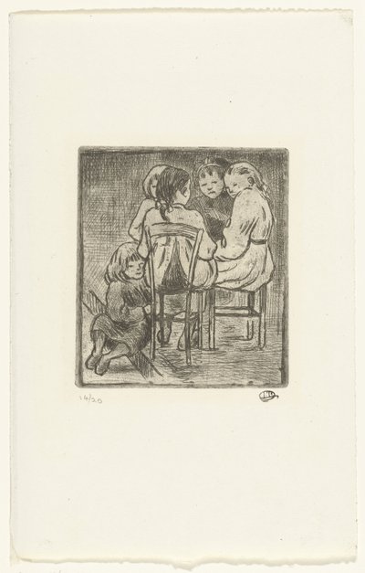 Grupp på fem sittande tjejer av Lucien Pissarro