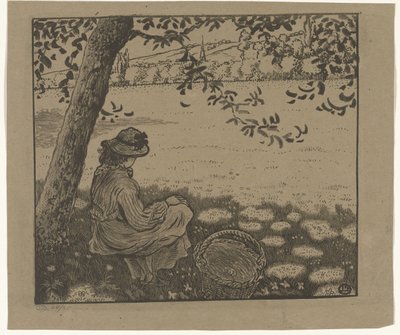 Flicka under ett träd på en äng av Lucien Pissarro