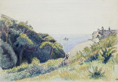 The Coastguards House, Ecclesbourne, 1918 (penna och grått bläck och färgade kritor på texturerat papper) av Lucien Pissarro