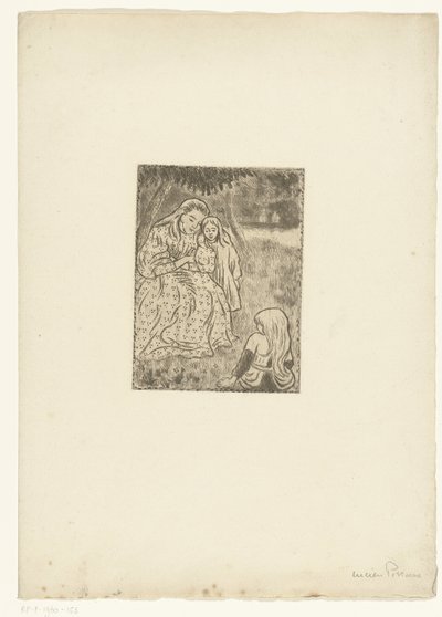 Kvinna med två flickor på en äng av Lucien Pissarro