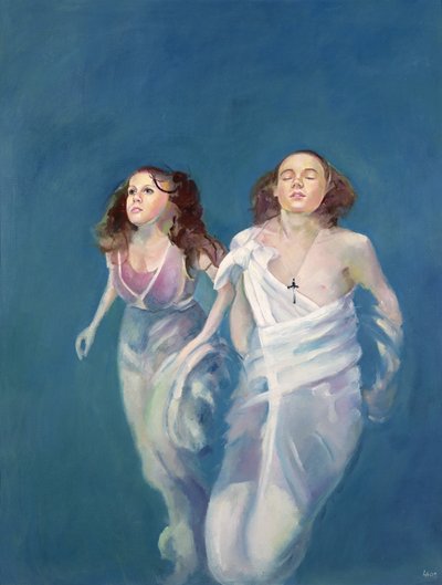En pojke och en flicka flyter, 2004 (olja på duk) av Lucinda Arundell