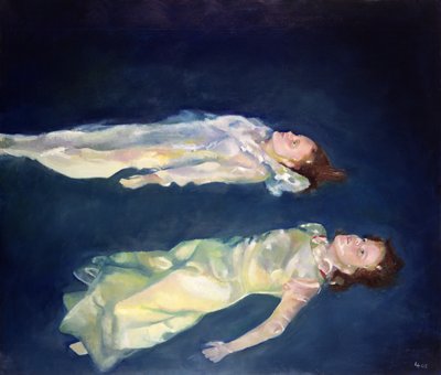 Två flickor flyter, 2004 (olja på pannå) av Lucinda Arundell