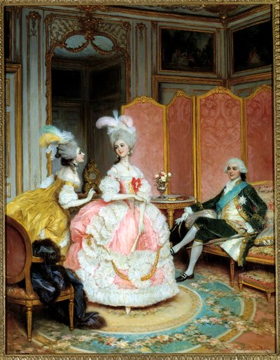 Prostitution: "" Den vackra kurtisanen"" En ung kvinna presenterade för en gentleman i en privat salong på 1700-talet genom en matchmaker. Målning av Lucius Rossi (1846-1913) av Lucius Rossi