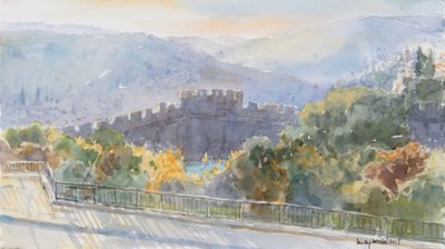Hills Beyond the City, Sunrise, Jerusalem, 2019 (w/c på papper) av Lucy Willis