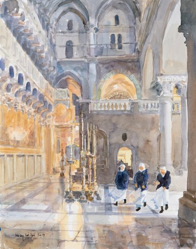 Nybörjare i Heliga gravens kyrka, Jerusalem, 2019 (w/c på papper) av Lucy Willis