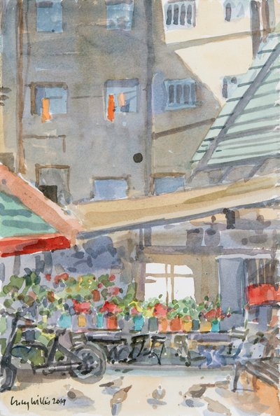 Orange Dusters Drying, Mahane Yehuda, Jerusalem, 2019 (w/c på papper) av Lucy Willis