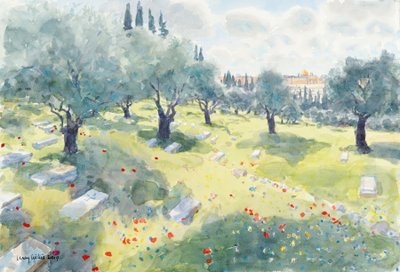 The Olive Grove (Tempelberget från The Kidron Valley, Jerusalem), 2019 (w/c på papper) av Lucy Willis