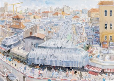 Utsikt från balkongen, Mahane Yehuda, Jerusalem, 2019 (w/c på papper) av Lucy Willis
