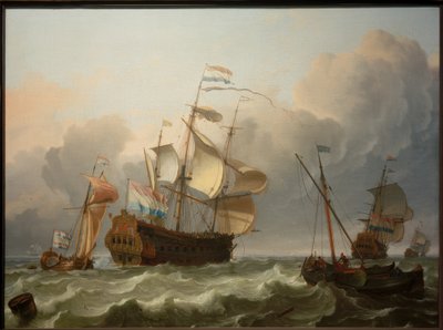 Ett nederländskt flaggskepp med en yacht framför sin akter. av Ludolf Backhuysen