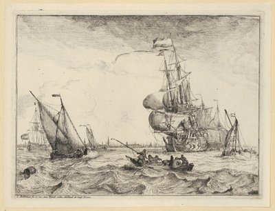 En pråm och flera segelfartyg på ett stormigt hav utanför Amsterdam, blad 4 i serien "Sjöstycken med vyer över IJ, Amsterdam, Rotterdam och Katwijk" (Hollstein nr 1-10) av Ludolf Backhuysen