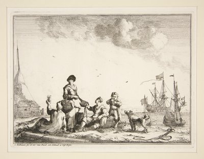Hamn med sjömän och en fiskhandlare av Ludolf Backhuysen
