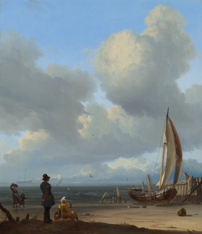 Holländska: Zeegezicht met figuren bij een vissersboot op het strand Ett omfattande havslandskap med figurer vid en båt på en strand nära Huisduinen av Ludolf Bakhuizen