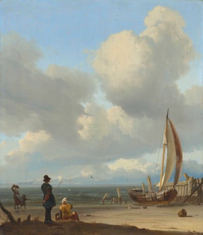 Holländska: Zeegezicht met figuren bij een vissersboot op het strand Ett omfattande havslandskap med figurer vid en båt på en strand nära Huisduinen av Ludolf Bakhuizen