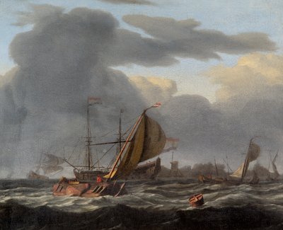 Ett krigsskepp för ankar i ett grovt hav (olja på duk) av Ludolf I Backhuysen