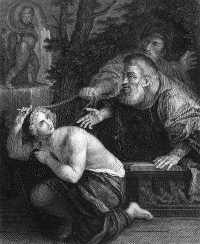 Susannah och de äldre (gravyr) av Ludovico (after) Carracci