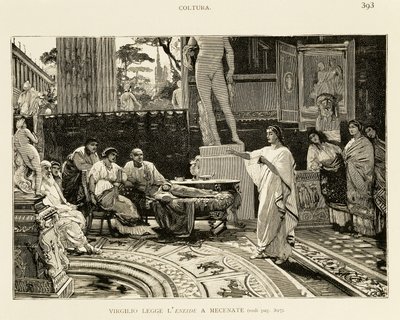 Maecenas lyssnar på Virgil som läser Aeneid, illustration av Lodovico Pogliaghi (1857-1950) för Roms tidiga historia, av Francesco Bertolini (1836-1909), Fratelli Treves upplaga, Milano av Ludovico Pogliaghi