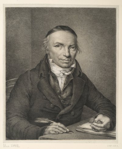 Johann Joachim Bellermann, bröstbild vid ett bord, med en sigillring i handen av Ludwig Buchhorn