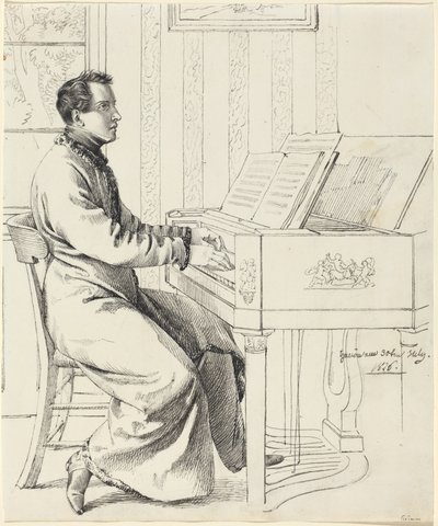Konstnärens svåger, Ludwig Hassenpflug, förbereder sig för att spela piano av Ludwig Emil Grimm