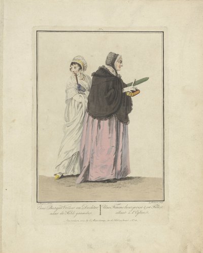 Mor och dotter på väg till kyrkan En medborgares hustru och dotter; gå till kyrkan / Une Femme bourgeoise & sa Fille, allant à l