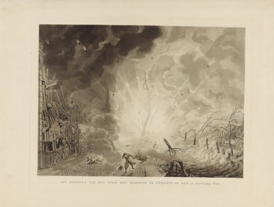 Katastrofen i Leiden, 1807 Hoppar skeppet med krut i Leijden den 12 januari 1807 (titel på objekt) av Ludwig Gottlieb Portman