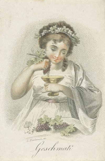 Smak Geschmack (titel på objekt) Fem sinnen representerade av kvinnliga figurer (serietitel) Die Funf Sinne (serietitel) av Ludwig Gottlieb Portman