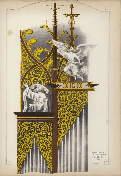 Detalj av orgeln i St Mary-kyrkan, Lubeck, Tyskland (färg litho) av Ludwig Gruner