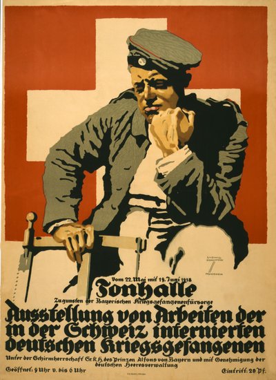 Tonhalle ... Utställning av verk av tyska krigsfångar internerade i Schweiz, pub. 1918 (färg litho) av Ludwig Hohlwein