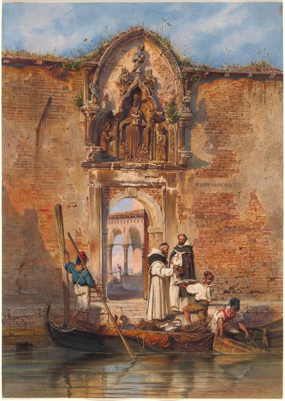 Munkar köper fisk före portalen till Madonna della Misericordia av Ludwig Johann Passini