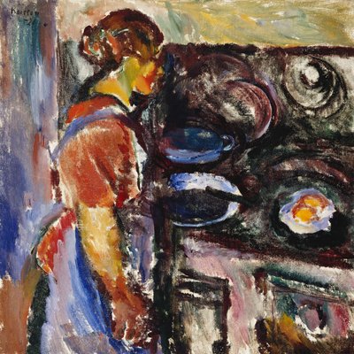 Flicka i köket; Gädda I Kjokken, 1921 av Ludvik Peter Karsten