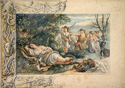 Sleeping Diana with Companions (akvarell över grafit på papper) av Ludwig Sigismund Ruhl