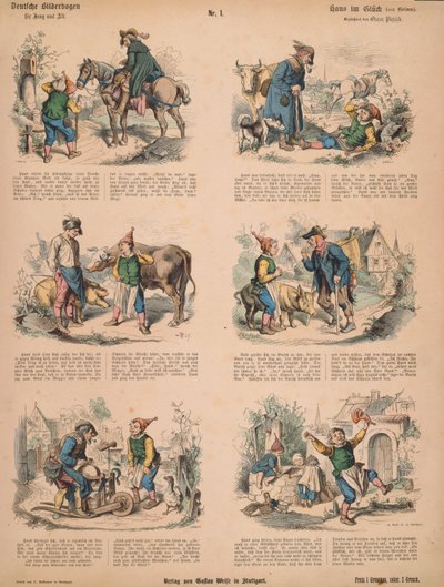 Hans i tur (efter bröderna Grimm), nr 213 från Muenchener Bilderbogen utgiven av Braun & Schneider, München, 1880 av Ludwig Voltz