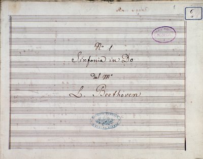Första sidan av noterna till Symfoni nr 1 och C-dur opus 21, av Ludwig van Beethoven av Ludwig van Beethoven