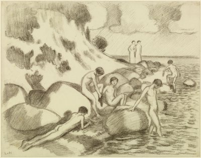 Badande pojkar på stranden, två kvinnor i bakgrunden av Ludwig von Hofmann