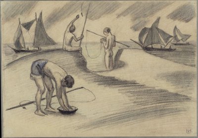 Tre fiskande pojkar vid havet med segelfartyg av Ludwig von Hofmann