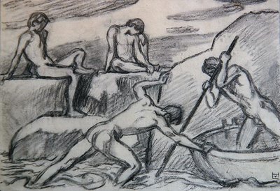 Naken båtman och ungdomar på en grön strand (grafit på papper) av Ludwig von Hofmann