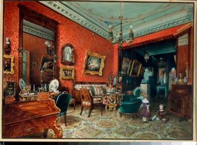 ""Vardagsrummet"" (Salle de sejour) Två barn som leker i vardagsrummet - Akvarell av Luigi Premazzi (1814-1891), cirka 1840 Privat samling av Luigi Premazzi