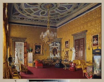 Lyonshallen (den gula ritsalen) i Tsarkoje Selos stora palats (Ryssland). Verk av Luigi Premazzi (1814-1891), akvarell på papper av Luigi Premazzi