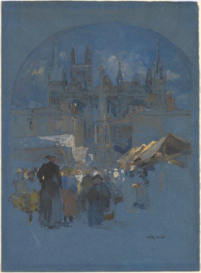 Ett marknadstorg före en katedral av Luigi Aloys François Joseph Loir
