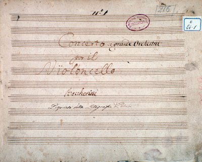 Första sidan signerad av författaren till partituren till Concerto för cello och orkester i Es, av Luigi Boccherini av Luigi Boccherini
