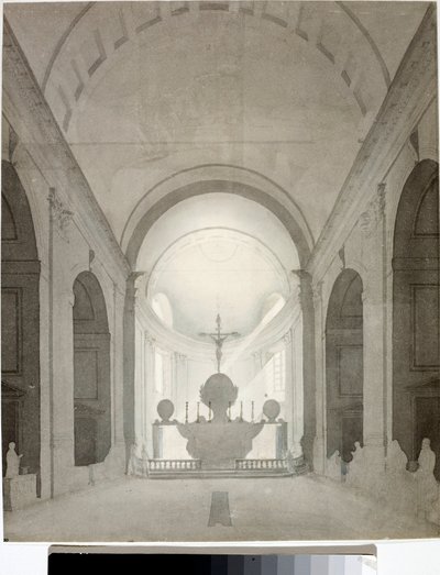 Interiörvy av en kyrka (teckning och akvarell, ca 1825) av Luigi Garibbo