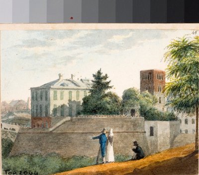 Utsikt över bastionerna och Santo Stefanos klocktorn, Genua (akvarell, ca 1825) av Luigi Garibbo